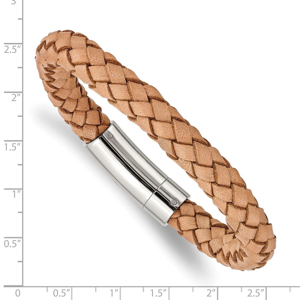Diamond2Deal Stainless Steel Polished Light Tan Braided Leather Bracelet for Men 8.5"