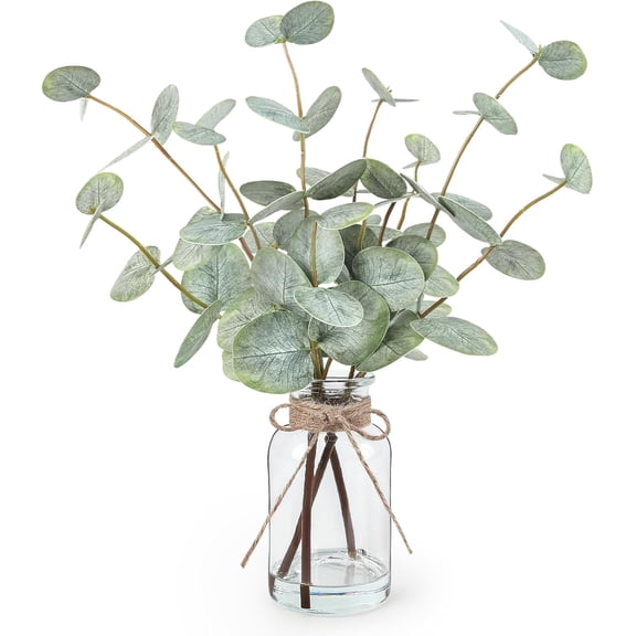 Artificial Euc Stems in Glass Vase with Faux Water, 13.5" Fake Plants for Home Decor, Coffee Table Centerpieces, Office, Bathroom & Farmhouse Weddings - Faux Greenery Plants Decorations