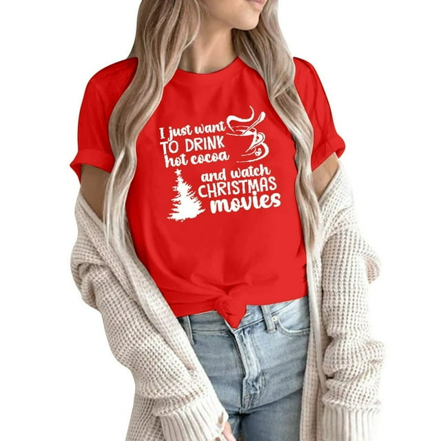 Débardeurs de Noël pour Femmes à Col Rond, Manches Courtes, T-Shirts Décontractés Amples en Coton, Chandail