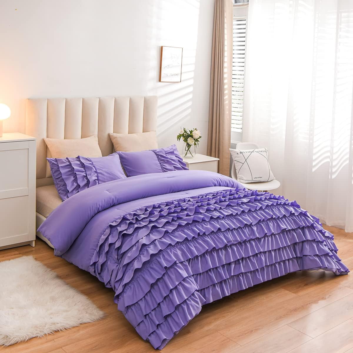 NTBED Purple Ruffle Comforter Set Twin Size Multi-Layers Ruffled Shabby Chic Bedding Set for Girls Women