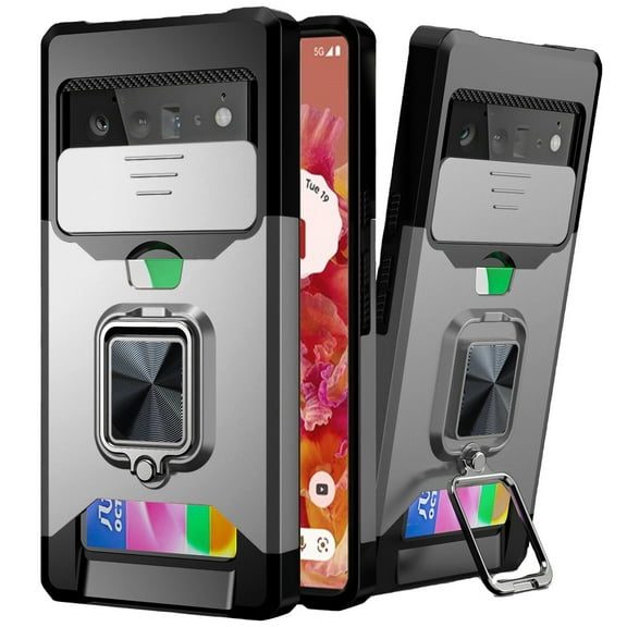 For Google Pixel 6 Wallet Case with Ring Stand & Slide Camera Cover Credit Card Holder, Military Grade Hard Shockproof Cover ,Xpm Phone Case [Silver]