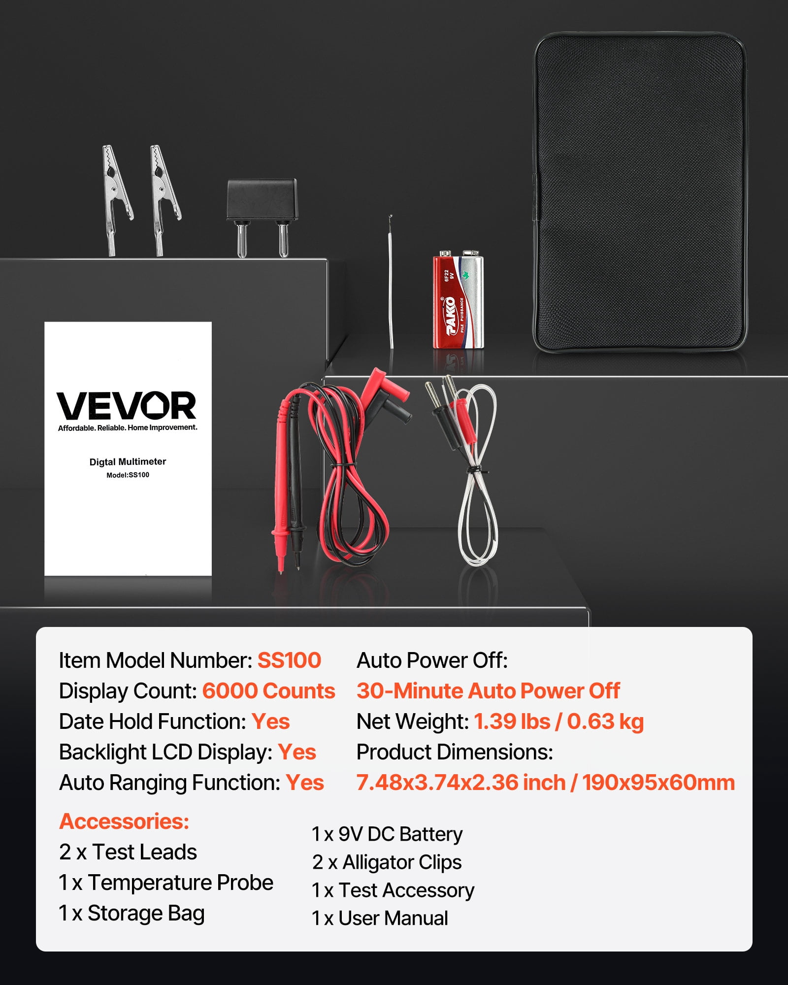 VEVOR Digital Multimeter, 6000-Count TRMS DC/AC Voltmeter Current Tester, Auto-Ranging Multimeter for Current Voltage Resistance Capacitance Temperature Diodes Continuity Low Impedance Measurment