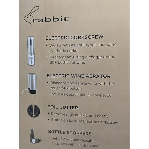 Rabbit Electric Wine Tool Set - 5-Piece Wine Accessory Collection - Aerator, Corkscrew, Cutter, Stoppers, Charging Cables