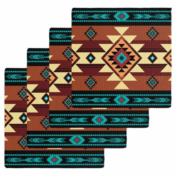 Turquoise Red Kitchen Dish Towels for Drying Dishes Set of 4, Southwest American Native Abstract Pattern Waffle Weave Microfiber Hand Tea Bathroom Towels Quick Dry & Absorbent Towel 12x12