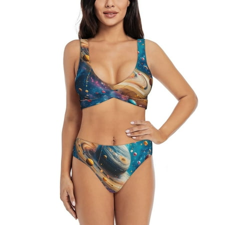 Zeuib Colorful Planet Universe High Waisted Tummy Control Bikini Set - Knot Front Push Up Top & Cheeky Thong Bottom  Two-Piece Swimsuit for Women-Small