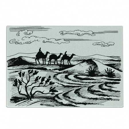

Oasis Cutting Board Sketchy Illustration of a Camel Caravan and Sand Hills Drawn by Hand Decorative Tempered Glass Cutting and Serving Board in 3 Sizes by Ambesonne