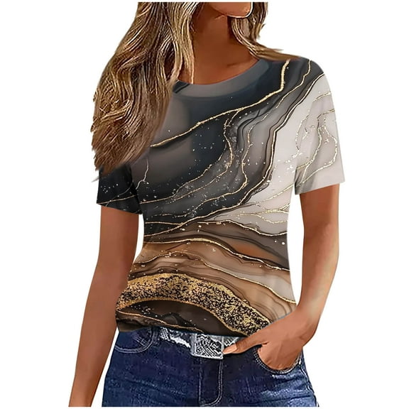 ZQUUVOU Womens T-Shirts Printed Round Neck Short Sleeve Tops(Brown,2XL)