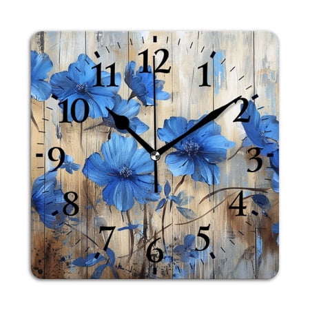 Square Wall Clock,Small Blue Flowers Were Painted On The Old Wooden Board,Silent Non-Ticking Wall Clock Decor for Home Office Kitchen Living Room Bedroom(10inch)