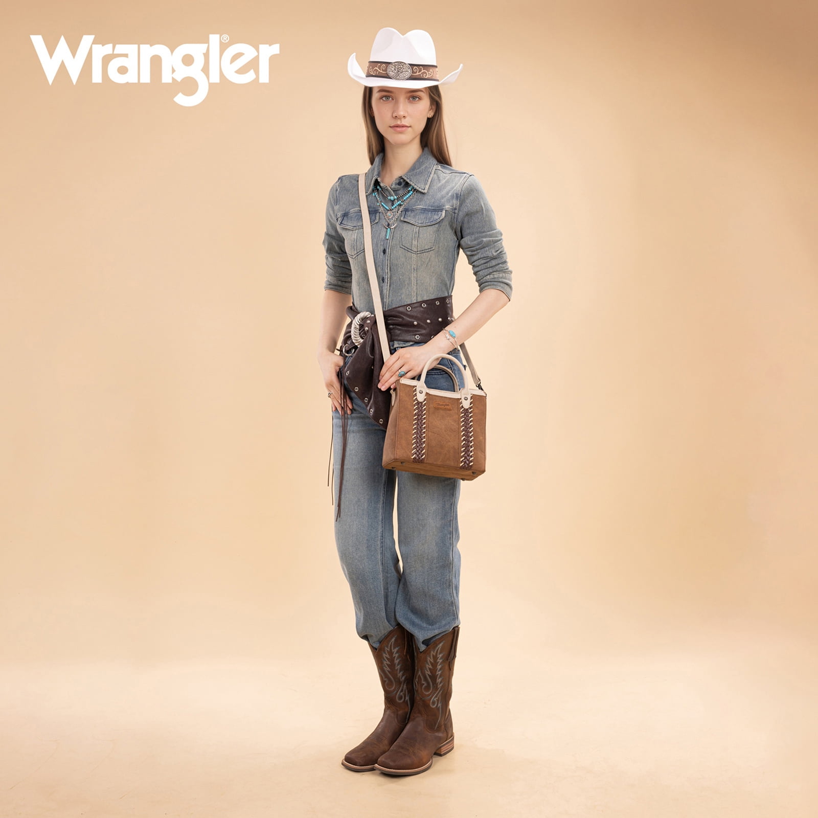 Wrangler Womens Braided Tote Bag Western Style Suede Top Handle Handbag With Detachable Crossbody Strap, Brown