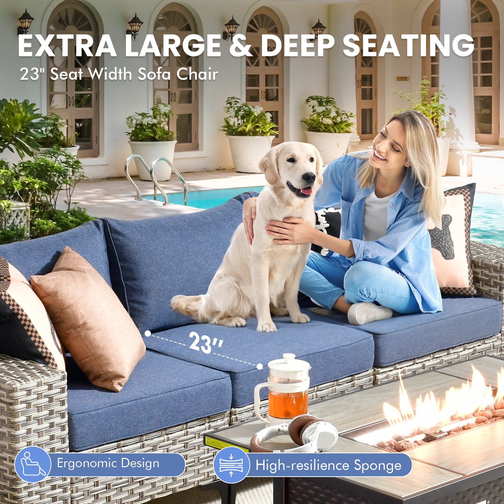 XIZZI Patio Furniture Outdoor Conversation Set with Wide Armrests, Wicker Rattan Patio Outdoor sectional with Firepit Table and Swivel Rocking Chair, Denim Blue