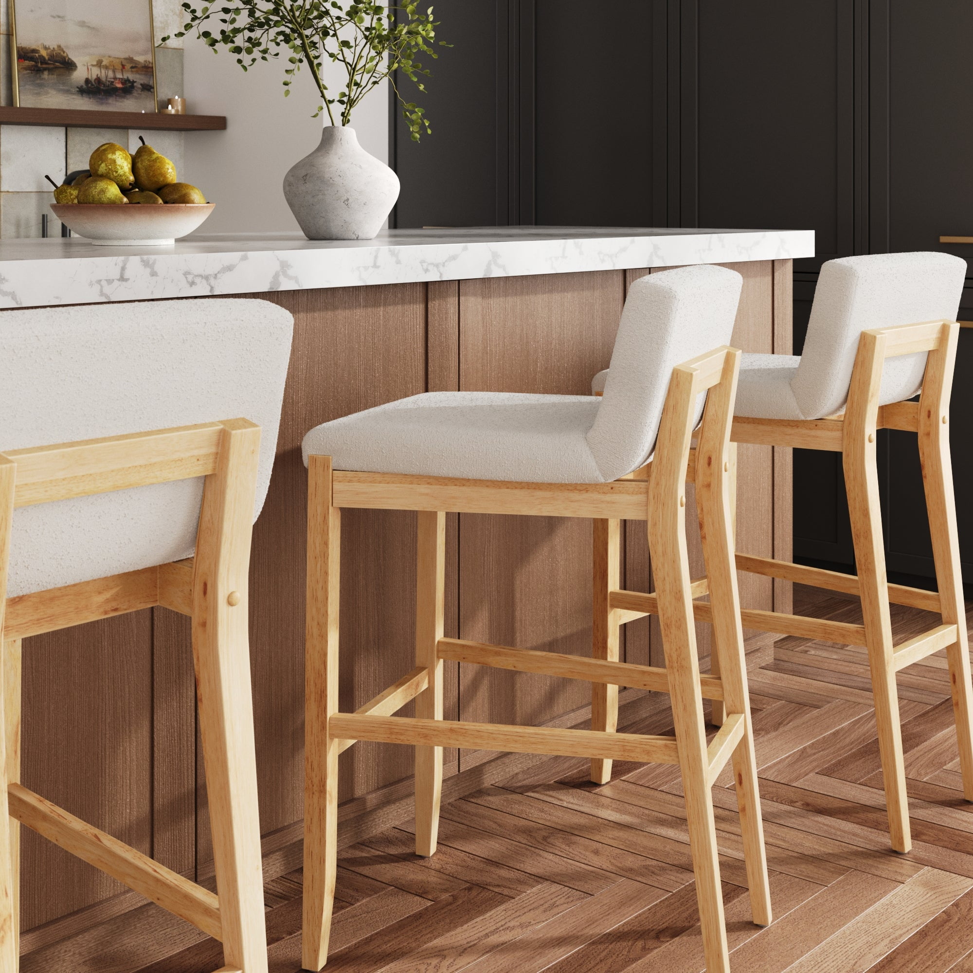 Nathan James Gracie Modern Upholstered Bar Stool, Wooden Bar Stool for Kitchen Island with Boucle Upholstery, Cream Boucle/Warm Pine