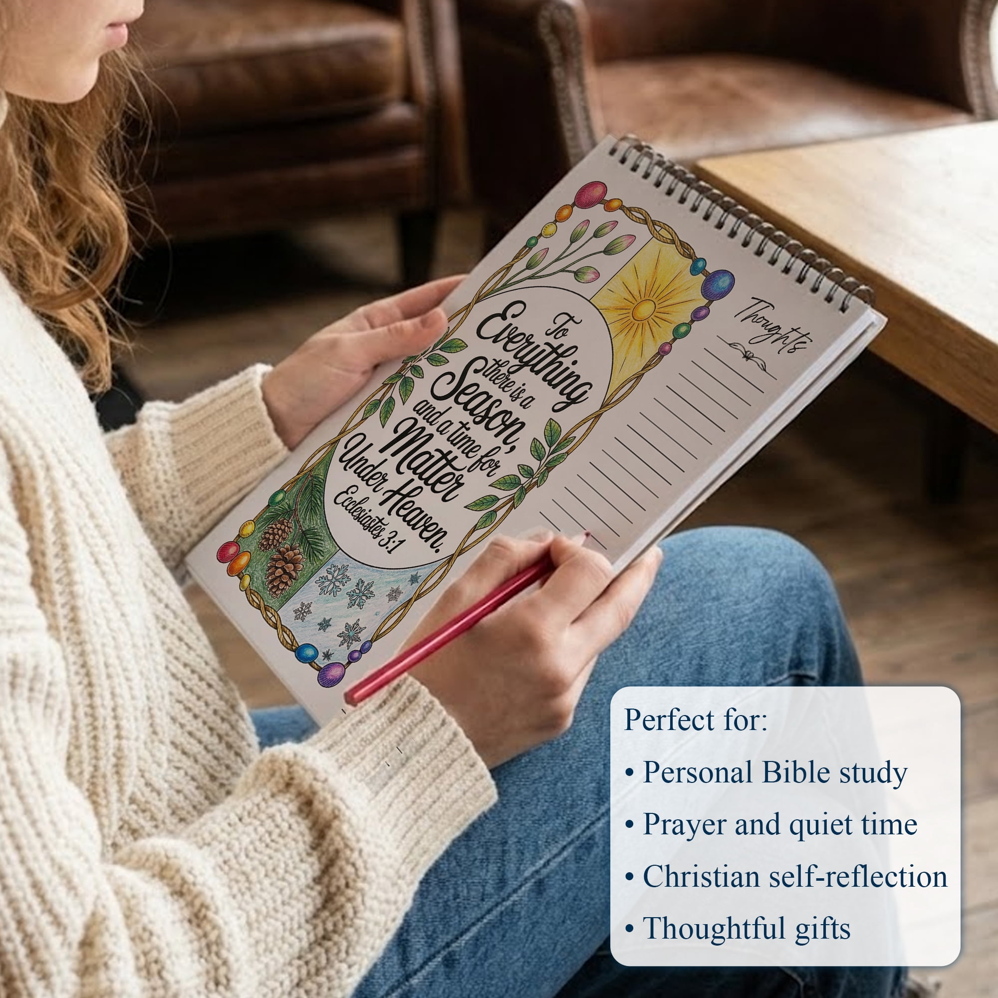 Ecclesiastes Coloring Book for Adults, 30 Minimalist Scripture Art Pages with Reflection & Prayer Space, Spiral Bound, A4 or A5 Softcover or Wood Cover