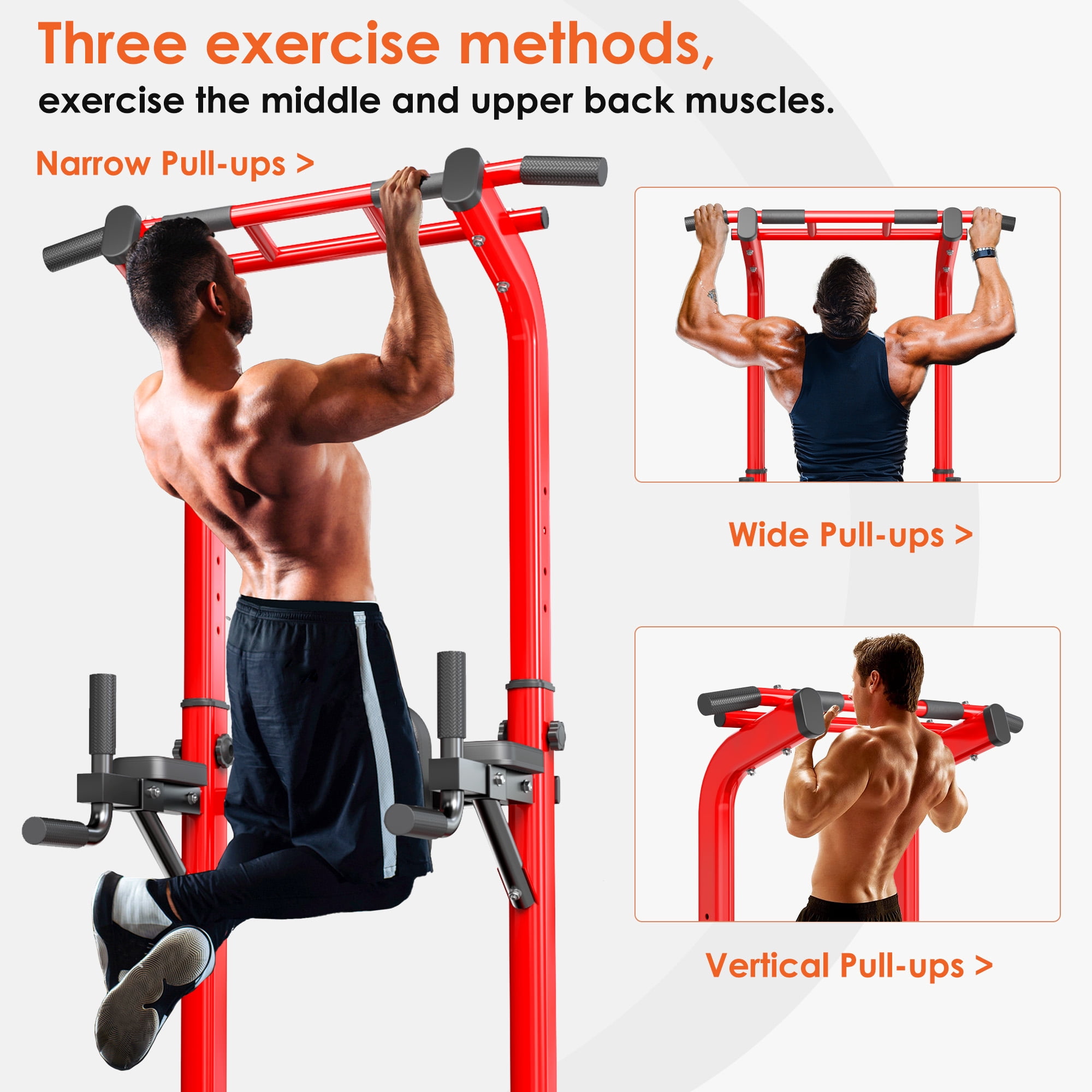 SogesPower 94.5"H Power Tower Pull Up Bar Station, 12 Adjustable Height Pull Up Bar Stand for Home Gym, Multi-Function Pull Up Dip Station Dip Bar Strength Training Fitness Equipment, 330LBS, Red