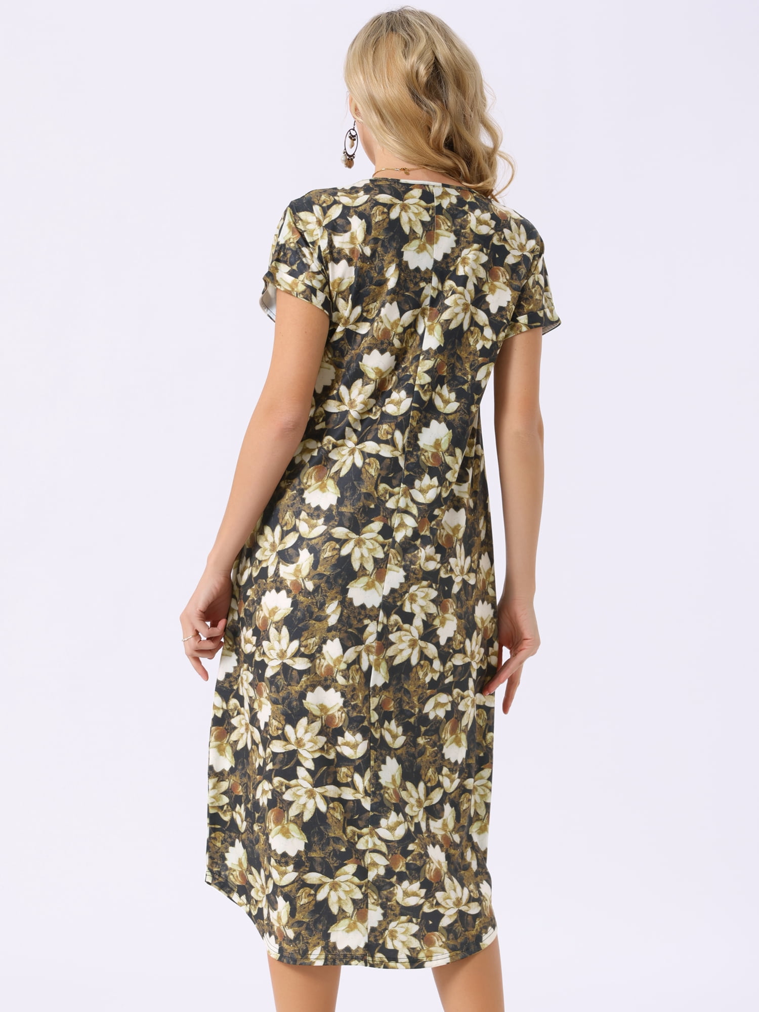 DARING DIVA Loose Summer V Neck Short Sleeve Floral Midi Dress L Yellow