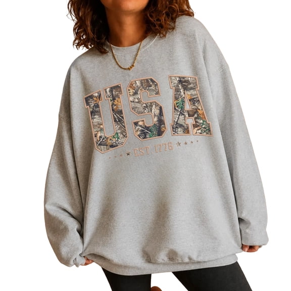 USA Est 1776 Camo Patriotic Sweatshirt for Men and Women, American Flag Graphic Crewneck, Sizes S-3XL