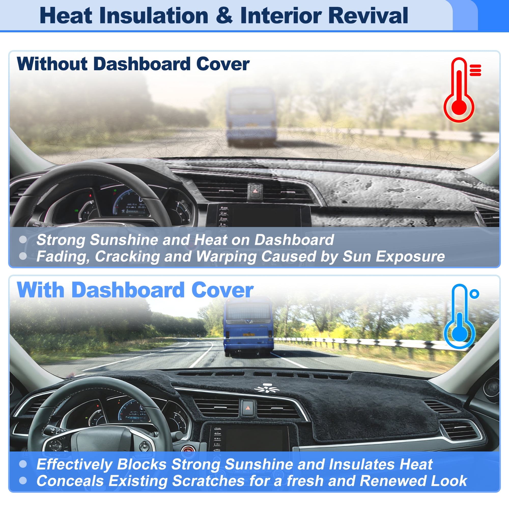Dashboard Cover for Honda Civic 2022 2023 2024 2025 2026 Interior Polyester Dash Cover Mat Pad Carpet Non-Slip Dashboard Protector Sunshine UV & Heat Resistant Black