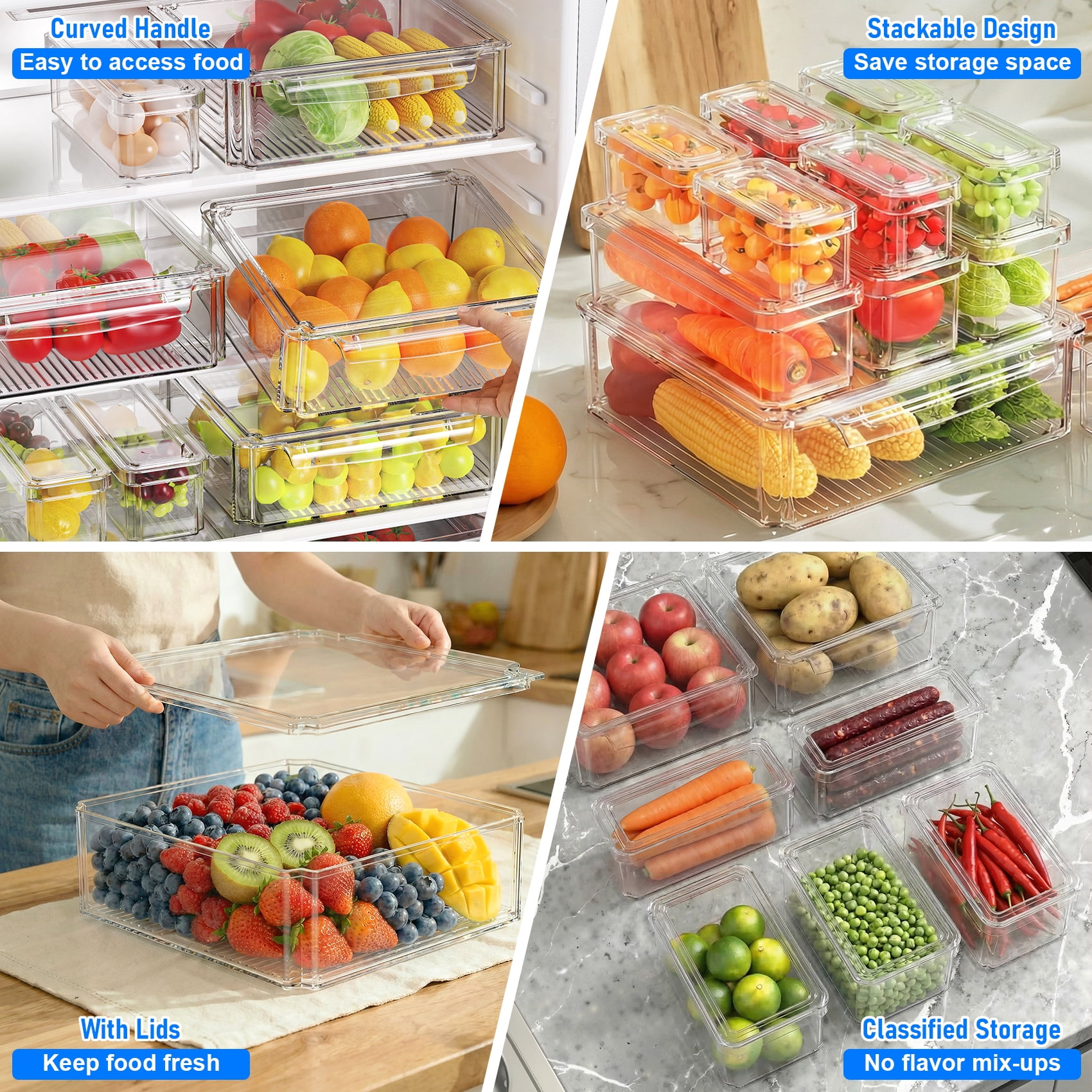 10 Pack Clear Fridge Storage Bins with Lids, Stackable Food Containers with Curved Handle, Kitchen Produce Saver for Fruits, Vegetables and Meat