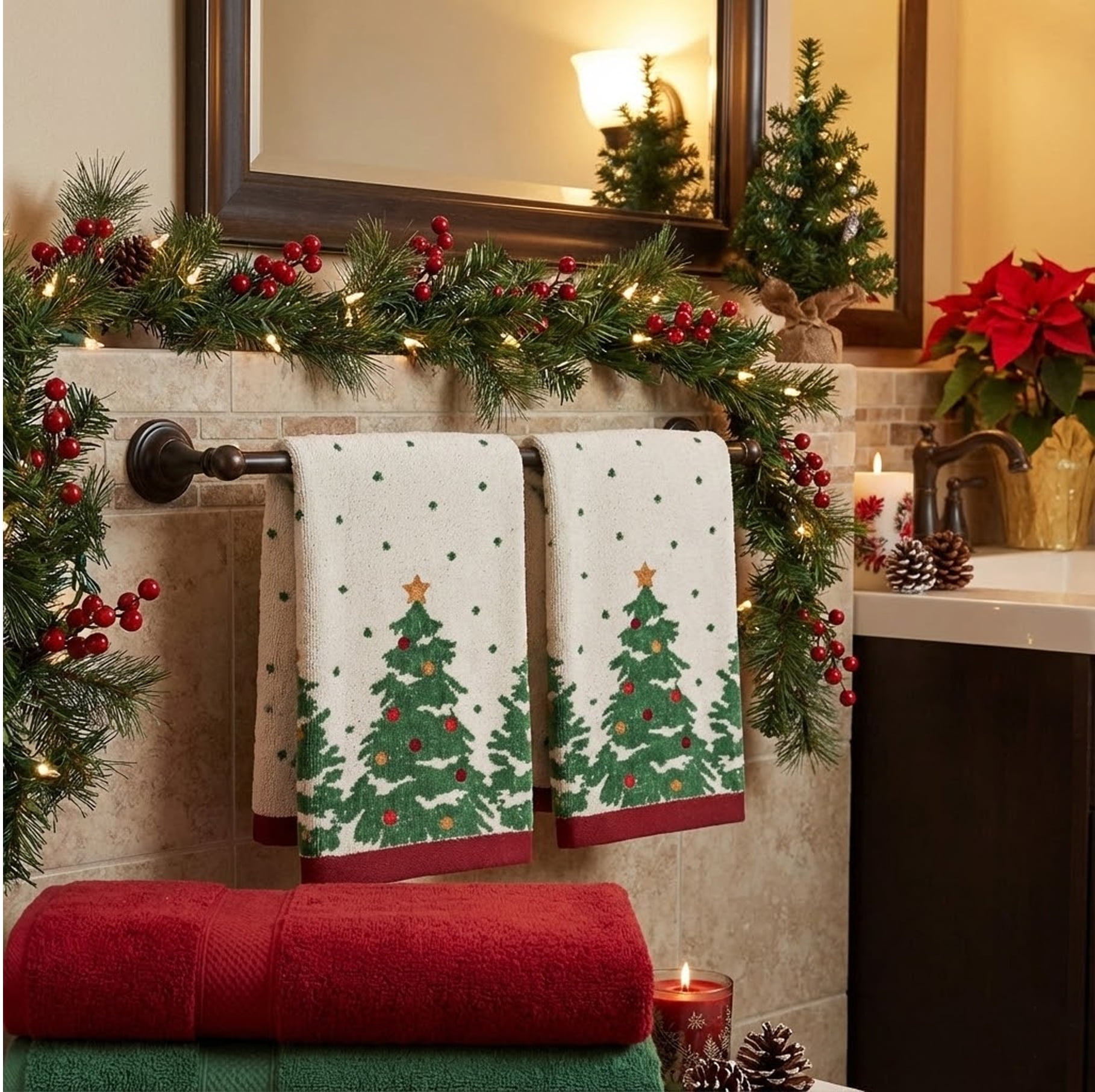 St Nicholas Christmas Tree Bath Hand Towels Embroidered Ornaments 2 Pieces Cotton