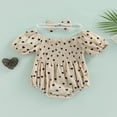 thumbnail image 4 of Été Bébé Filles Romper Bébé Doux Style Coeur Impression Dentelle Col Puff Manches Courtes Froncé Combinaison + Arc Chapeaux, 4 of 7