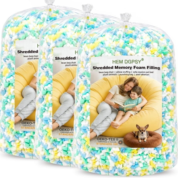 Hem Dgpy Bean Bag Filler 15lbs,Comfortable Shredded Memory Foam Filling | Multi Color Stuffing for Pillow, Punching Bag, Dog Bed, Couch Cushion,supportive,OEKO-TEX certified,clean & odor-free Filling