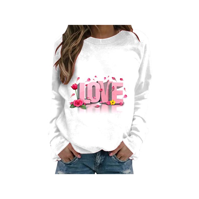 Día de San Valentín Blusa para mujer Manga larga Love Eement Prints Camiseta con cuello redondo Sudadera XBTCLXEBCO Amor blanco, EG
