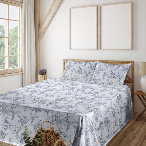 Ambesonne Floral Boho Fitted & Flat Sheet with Shams 4 Pcs Set, Garden Scene Romance, King, Pale Ceil Blue Pale Grey