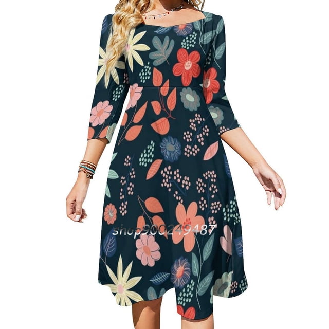 Vestido acampanado de jardín nocturno, vestido de cuello cuadrado, elegante vestido estampado de moda femenina, patrón floral, flores de la naturaleza, colorido rojo
