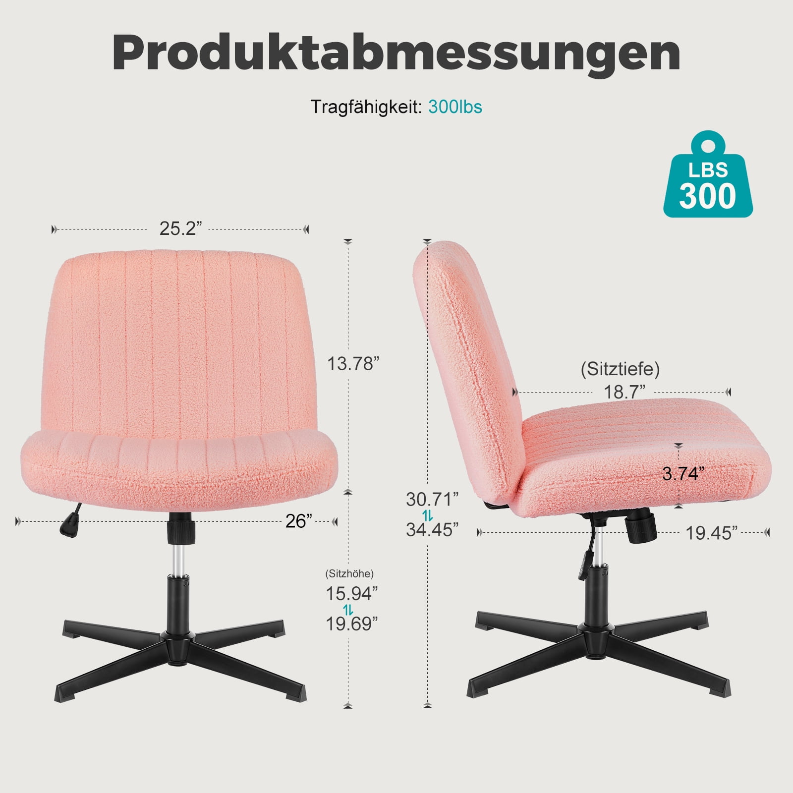 Armless Criss Cross Legged Office Chair, Desk Chair No Wheels, Teddy Fabric, Pink