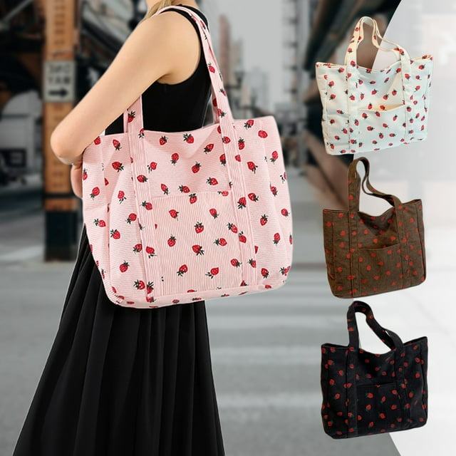 Bolso de hombro estampado de pana y gran capacidad para guardar bolso • Acento de lona fresa • Bolso bandolera • Bandolera 32x30x9cm Marrón Rosa Blanco Negro