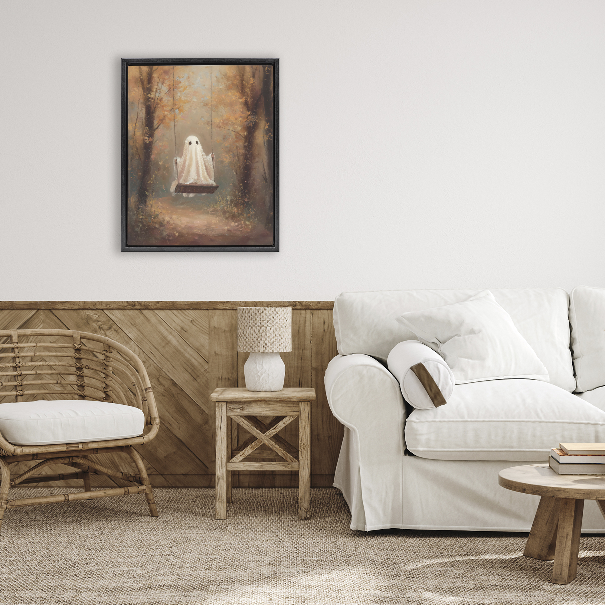 Eerie Swinging Ghost Black Framed Floater Canvas Wall Art, design by Arlington Prints