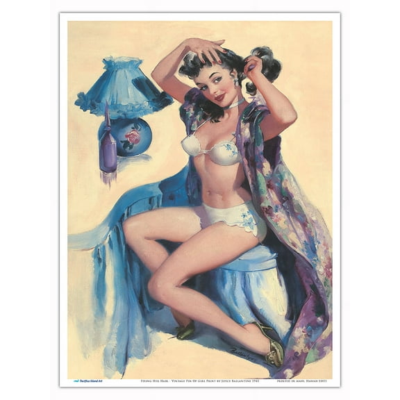 Fixing Her Hair - Vintage Pin Up Girl Print by Joyce Ballantyne c.1945 - Master Art Print (Unframed) 9in x 12in