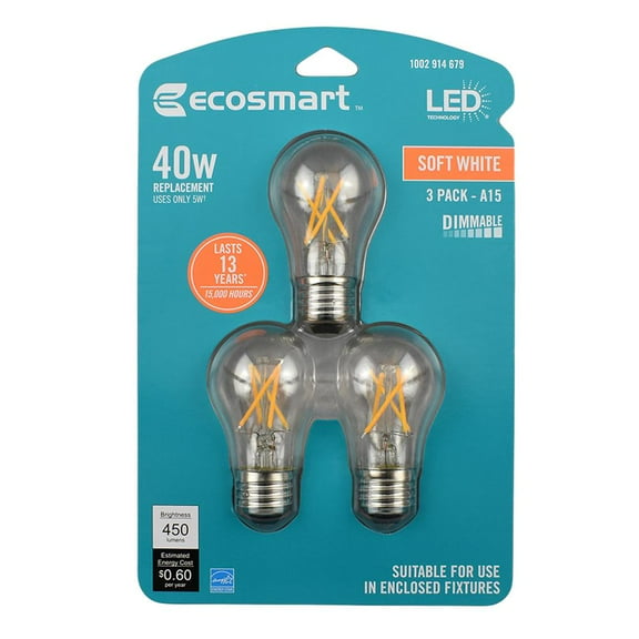 EcoSmart 40-Watt Equivalent A15 Appliance Dimmable Energy Star Clear Glass Filament Vintage LED Light Bulb Soft White (3-Pack)