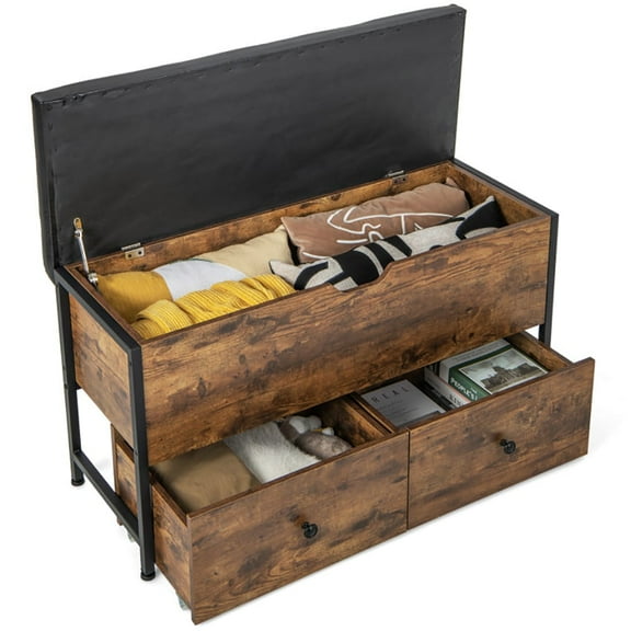 Kepooman Ottoman Bench, Bed Ottoman Bench,Storage Ottoman Bench with Padded Seat Cushion and 2 Drawers for Entryway-Brown