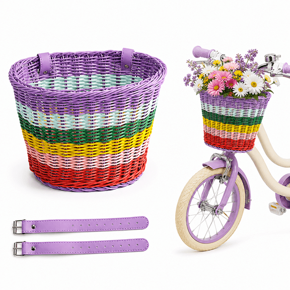 RYLZX Kids Rainbow Bike Basket Front,Hand-Woven Multi-Color Boys Girls Front Bicycle Basket