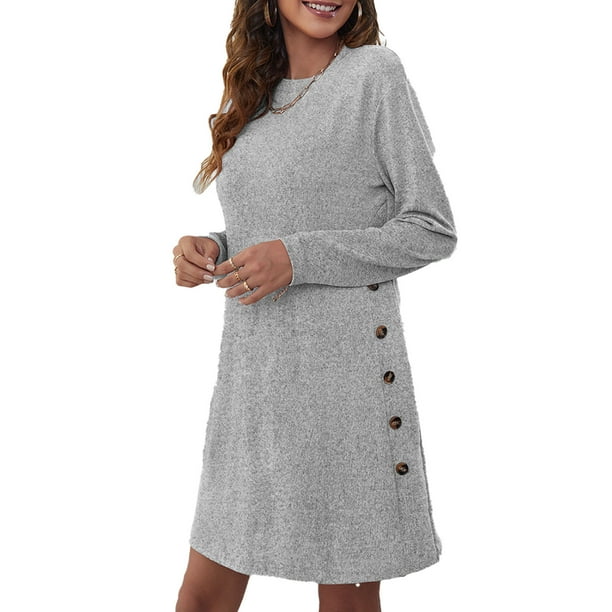 Midi Dress One Piece Dress Women Dress Midi One Piece Round Neck Long Sleeve Pure Color Loose Straight For Grey L Walmart