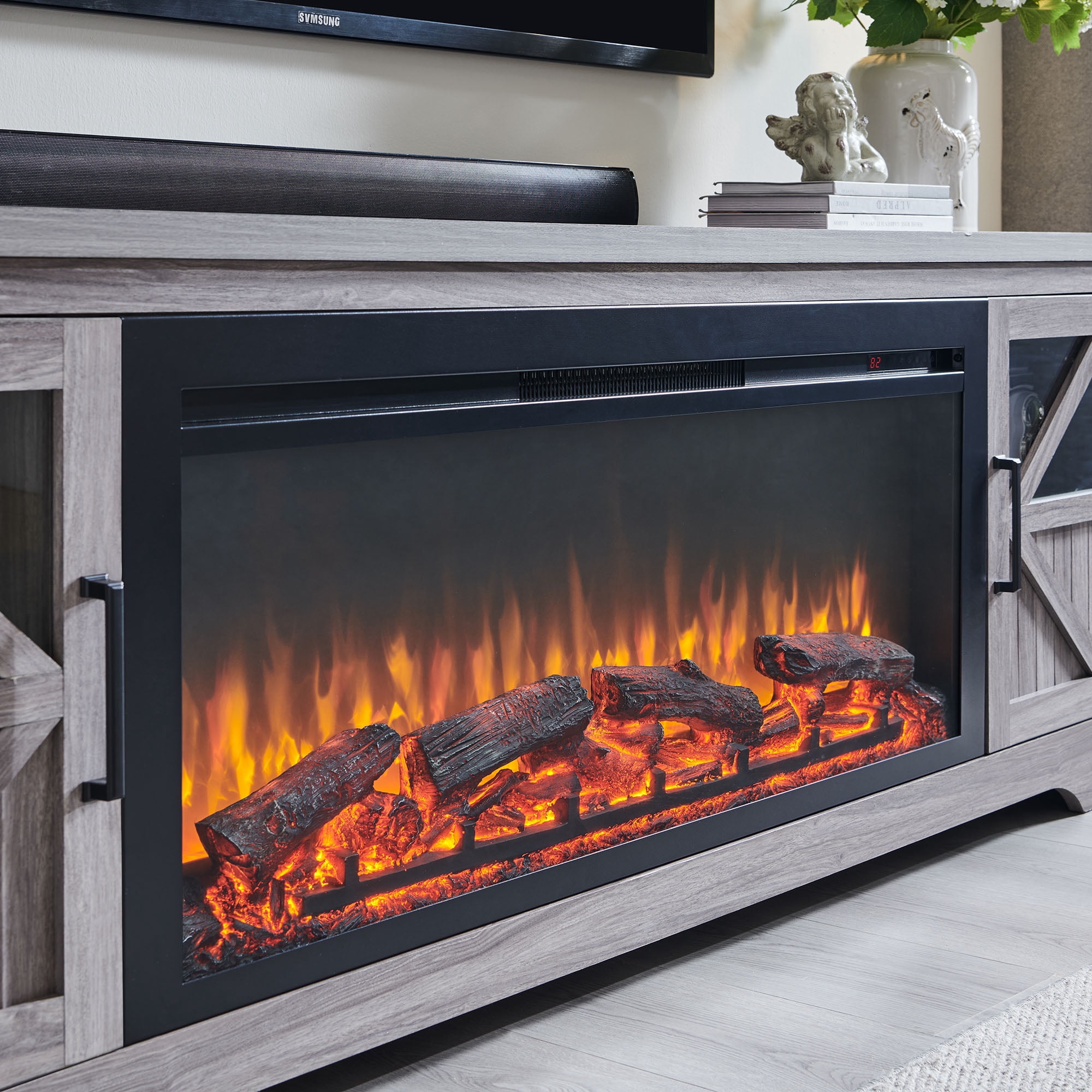 Innoflame Fireplace TV Stand for 85" TV, Entertainment Center with 44" Electric Fireplace, Adjustable Shelves, TV Stands Console for Living Room, Gray