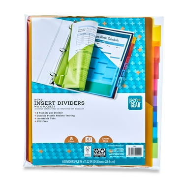Pen+Gear 8-Tab Insert Dividers with Pockets, Assorted Colors, Letter Size