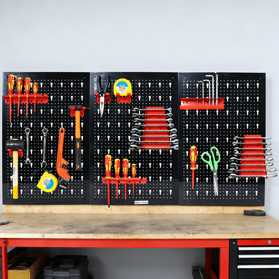 Metal Pegboard Wall Organizer 4ft Garage Tool Storage System 48x24in Cold Rolled Steel 132Lbs Capacity Wrench Rack Drill Holder Hooks Workshop Warehouse Black Mounting Hardware Included Kits