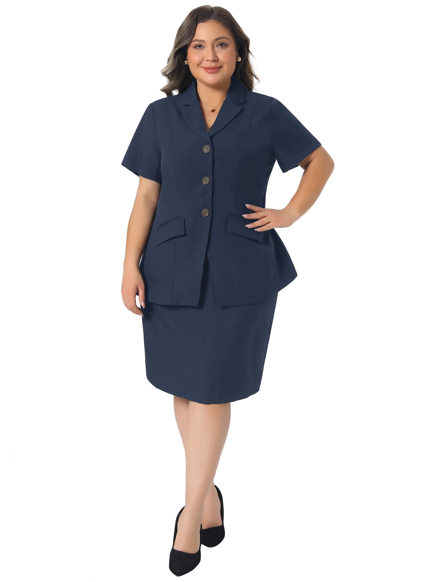 DARING DIVA Women's Plus 2 Piece Skirt Suit Set Formal Blazer Skirt 2X Navy Blue