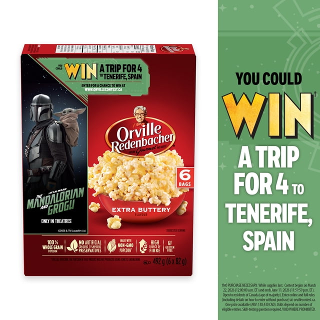 Orville Redenbacher Extra Buttery Microwave Popcorn, 100% Whole Grain Popcorn, Non‑GMO Popcorn, Gluten Free, High Source of Fibre, 492 g (6 bags x 82 g)