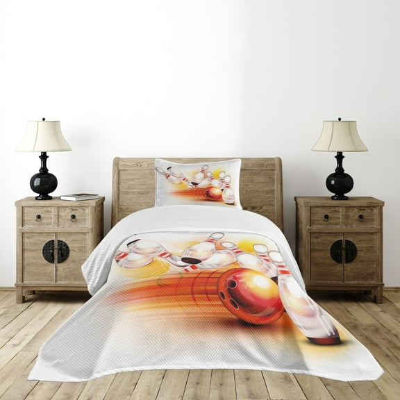 Ambesonne Bowling Party Quilted Bedspread Set 2 Pcs, Falling Skittles, Twin Size, Red Yellow White