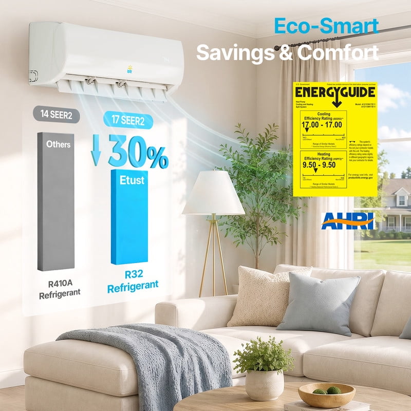 Etust 17000 BTU Ductless Mini Split AC/Heating System, 17 SEER2 208-230V Inverter Air Conditioner with Heat Pump, Cools & Heats Up to 800 Sq.Ft