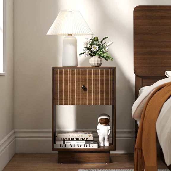 Manxile Fluted Nightstand Small Side Table, Wood Narrow Nightstand with Drawer, Walnut