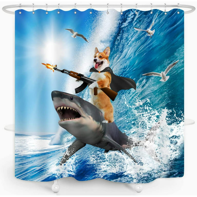 Sonernt Funny Dog Corgi Riding Shark Shower Curtain Ocean Sea Waves Seagull  Animal Surfing for Kids Boy Men Hilarious Fun Waterproof Fabric Bathroom
