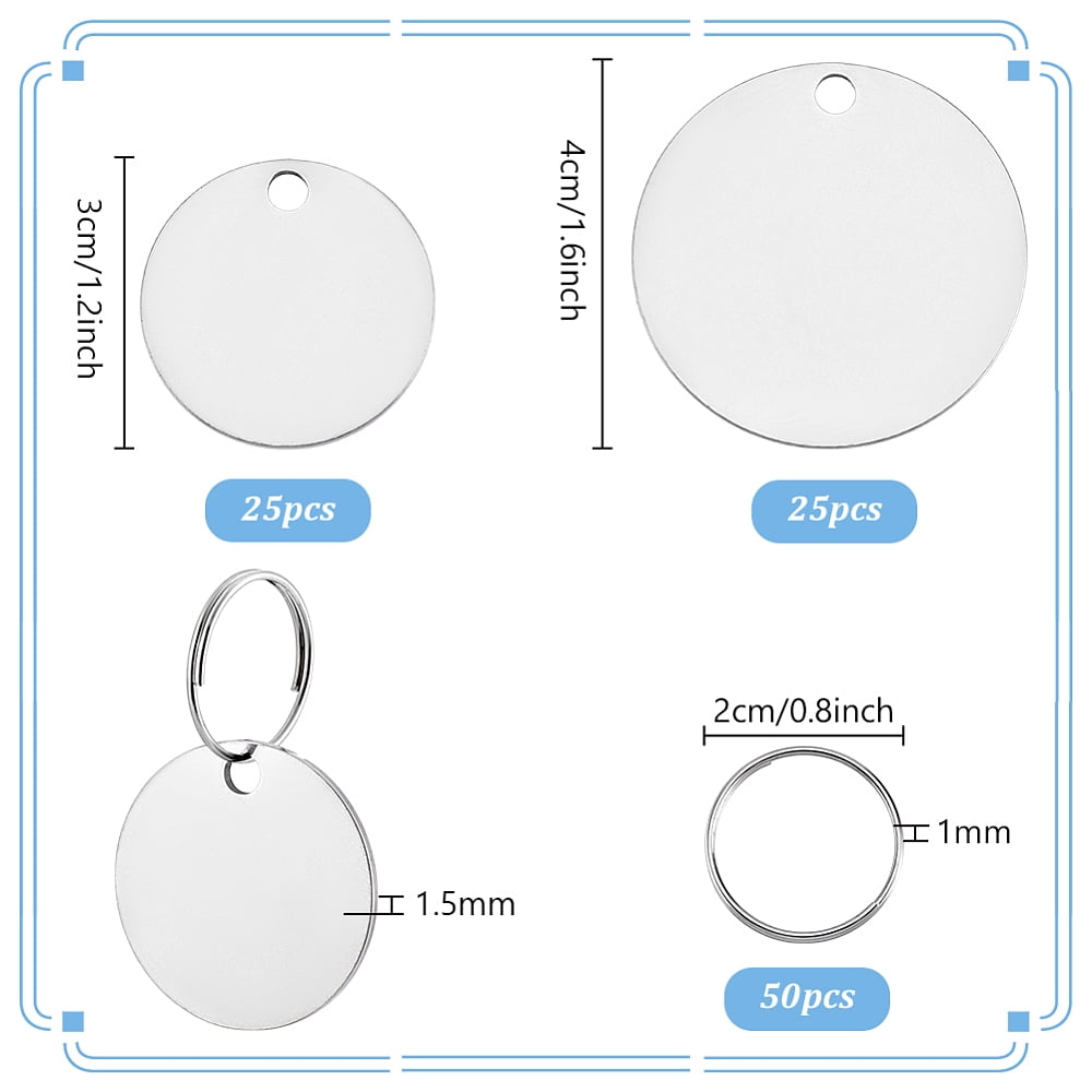 50pcs 2 Sizes Round Stamping Blanks Stainless Steel Blank Tags with Hole Blank Metal Charms with 50pcs Key Rings for Engraving 1.2/1.6 inch