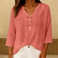thumbnail image 3 of MVRLSH Womens Tops Shirts Blouse Casual 3/4 Sleeve V Neck Button Solid Plus Size Breathable Summer Top Loose Fit Linen Blouses Red - M, 3 of 7