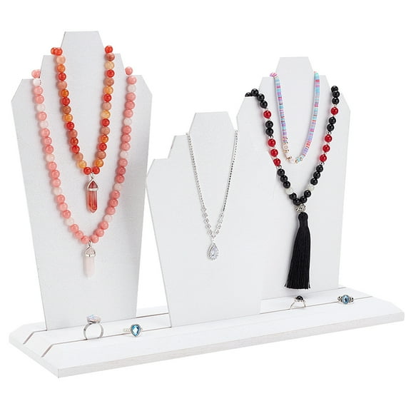 Wooden Necklace Display Holder 3-Row Jewelry Holder Organizer with 3 Panels Necklace Storage Holder Bust Easel Selling Vendors White