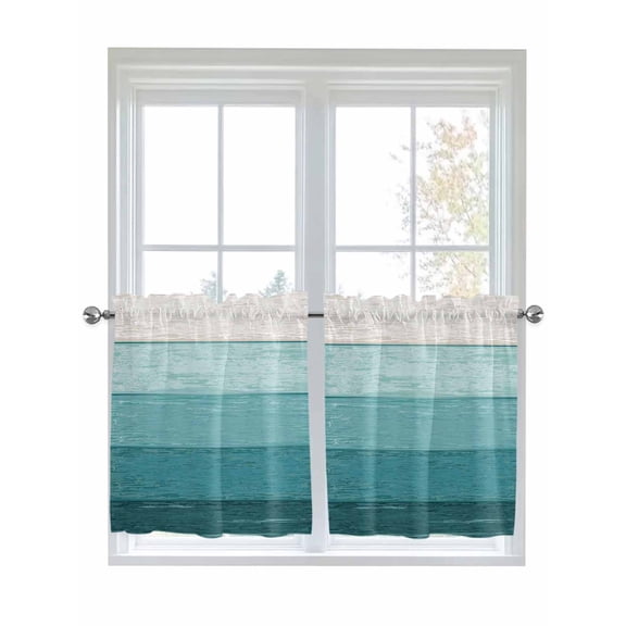 Half Window Curtain 36 Inches Long, Teal Ombre Window Treatment Curtain Drapes, Farmhouse Vintage Wooden Striped Small Tier Curtains for Bathroom Over Sink, 27.5"x36", 2 Panels