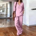 thumbnail image 4 of Guieoi Matching Outfits for Women Solid-Color Cotton-Linen Wide-leg Pants Set V-neck Button-down Long-sleeve Loose-fit Top + High-waisted Pants Two-Piece Set Pink XXL, 4 of 9