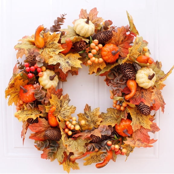 45cm Autumn Pumpkin and Pinecone Wreath – Thanksgiving Hanging Decoration for Patio, Featuring Berries, Maple Leaves, and Vines – Wall Decor, Thanksgiving Seasonal Home.